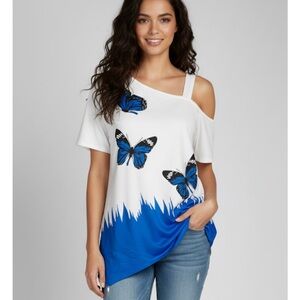 Butterfly Print Cold Shoulder Top, Women’s XL, Blue White